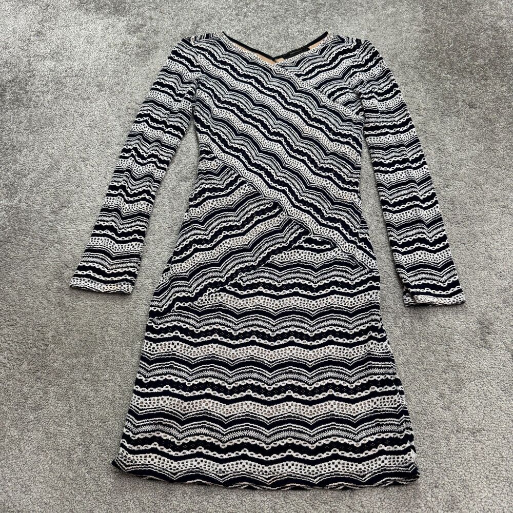 BCBGMaxzazria Melysa Wavy Lace Knit Midi Dress Womens Medium Navy Blue Striped